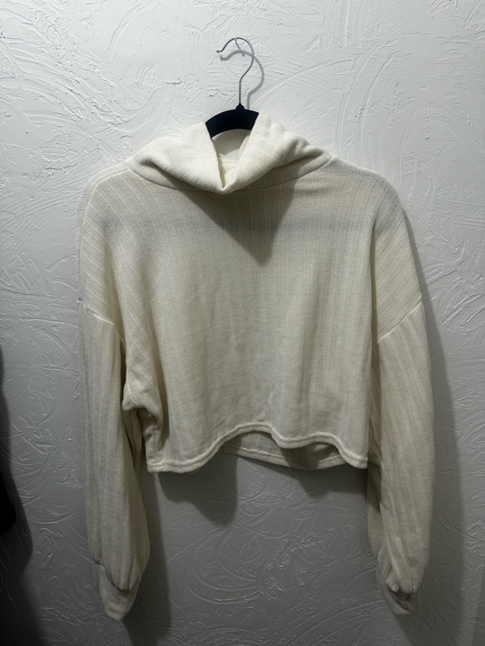 Cropped Cream Ribbed Cowl Neck Sweater